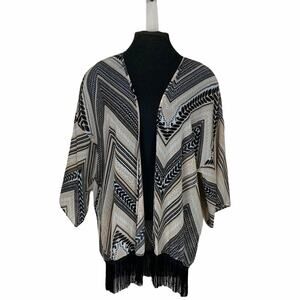 Peppermint Kimono with Fringe Black Multi Size M/L